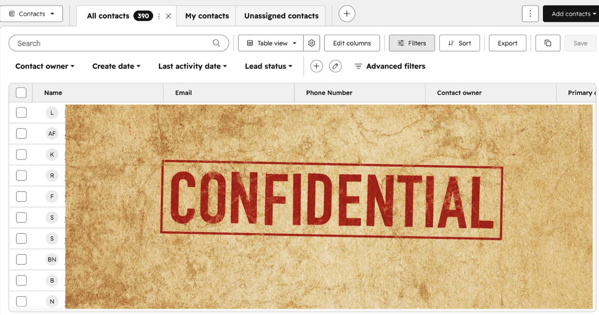 CRM HubSpot — 390 contacts capturés — CONFIDENTIEL